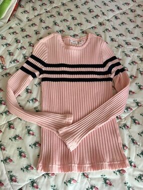 Cato Pink Ribbed Crewneck Sweater with navy blue Stripes